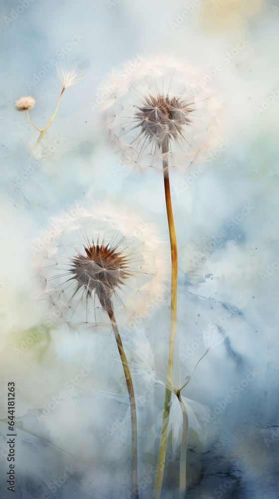 Three dandelions blowing in the wind in a painting Three dandelions blowing in the wind in a painting