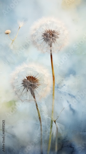 Three dandelions blowing in the wind in a painting