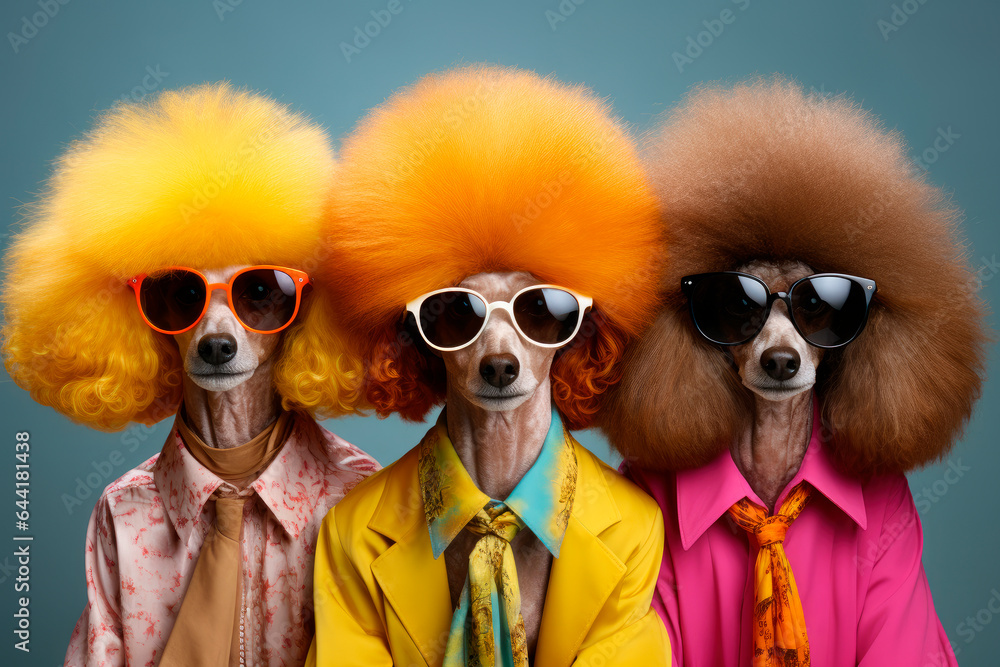 Fashionable poodles dressed like a hippie
