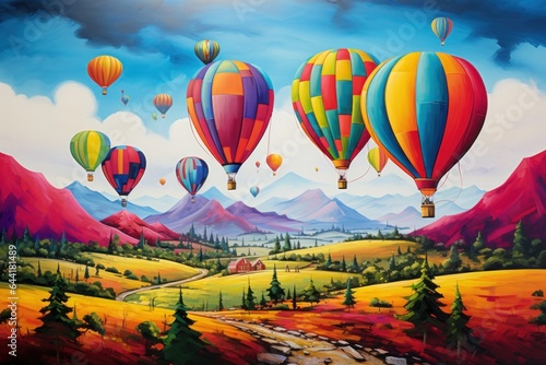 Beautiful landscape with flying balloons.