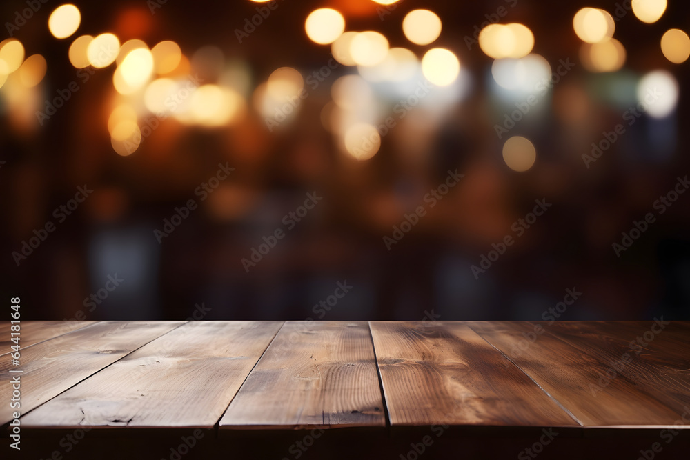 Empty wooden table with blurred background with bokeh lights