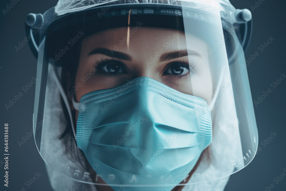 Close-up Doctor, Nurse, Surgeon Woman Wearing Face Mask and Face Shield during COVID-19 Pandemic Generative AI - obrazy, fototapety, plakaty 