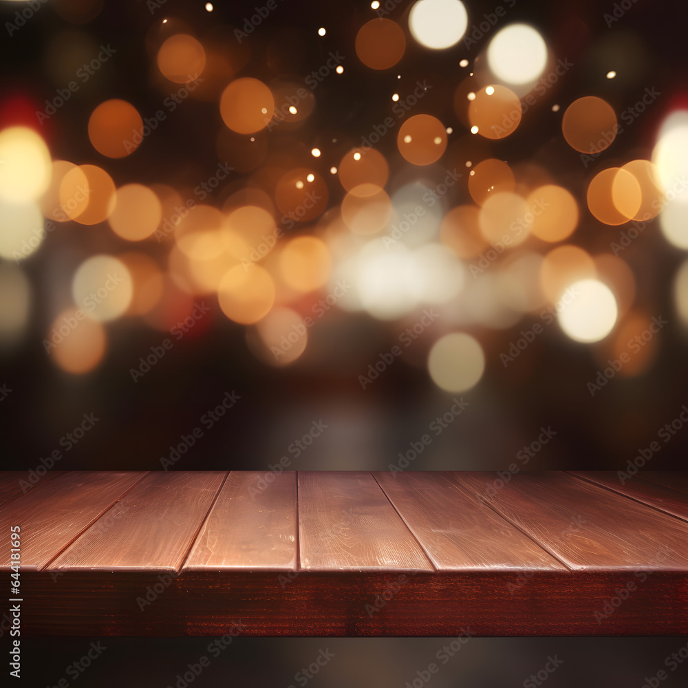 Empty wooden table with blurred background with bokeh lights Empty wooden table with blurred background with bokeh lights