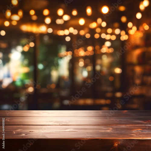 Empty wooden table with blurred background with bokeh lights