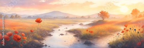 Beautiful watercolor londscape with Poppies flowers. AI generated illustration © vector_master