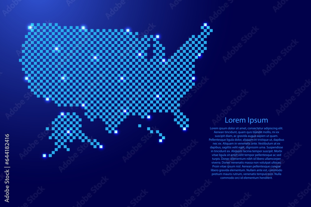 USA, United States of America map from futuristic blue checkered square grid pattern and glowing stars for banner, poster, greeting card