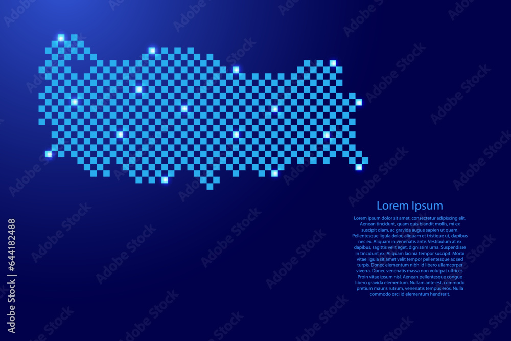 Turkey map from futuristic blue checkered square grid pattern and glowing stars for banner, poster, greeting card Turkey map from futuristic blue checkered square grid pattern and glowing stars for banner, poster, greeting card