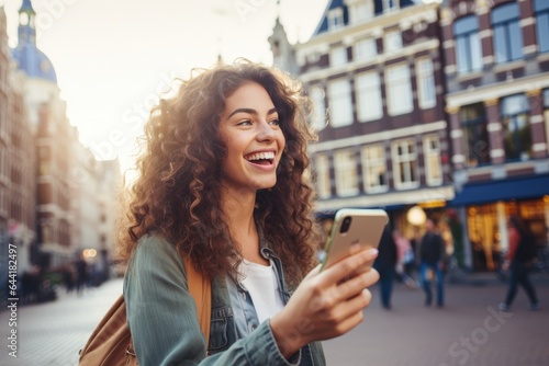 Smiling young traveler taking selfie enjoying european summer vacation. Generative AI