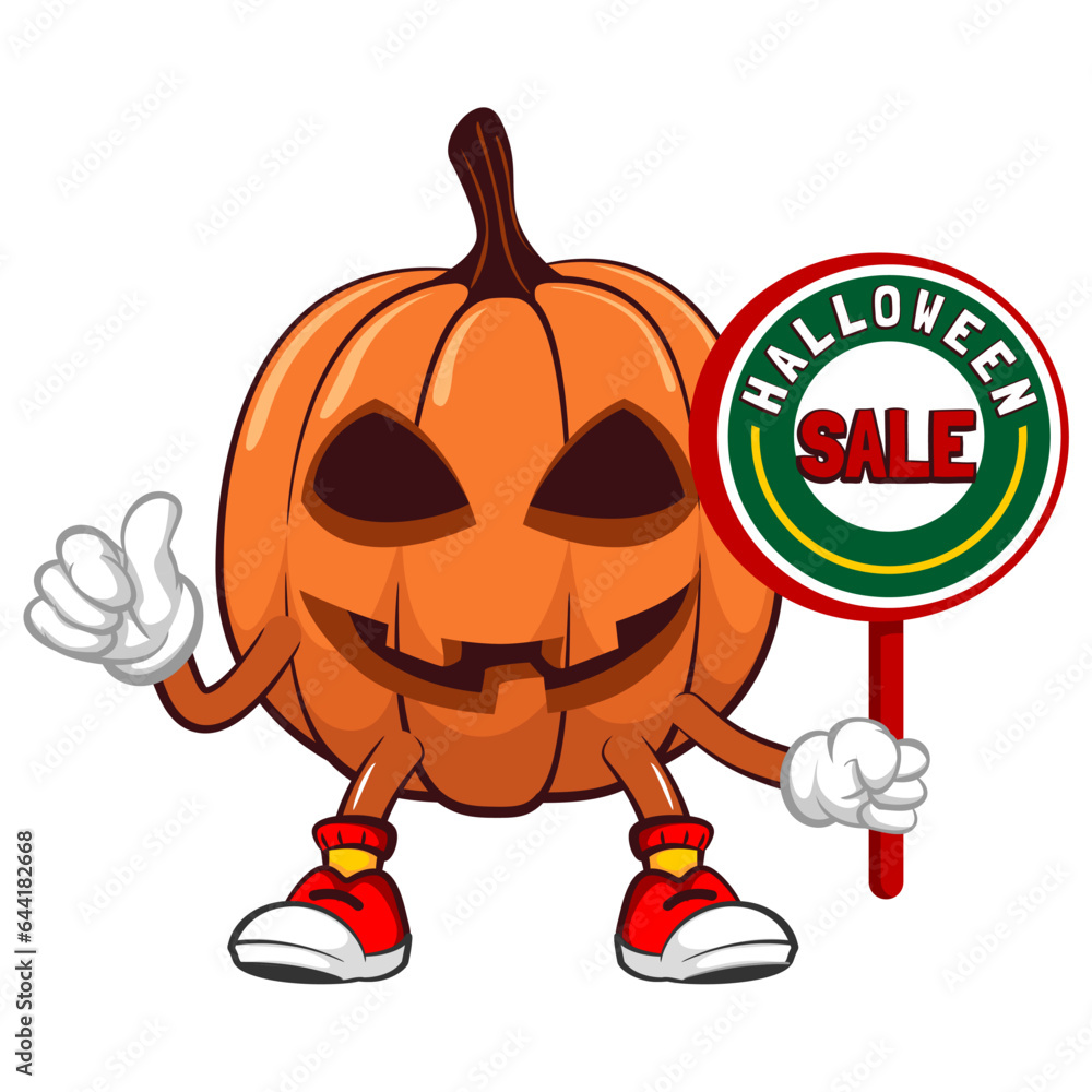 Obraz premium Vector mascot, cartoon and illustration of halloween pumpkin giving thumbs up sign while holding a sign saying halloween sale
