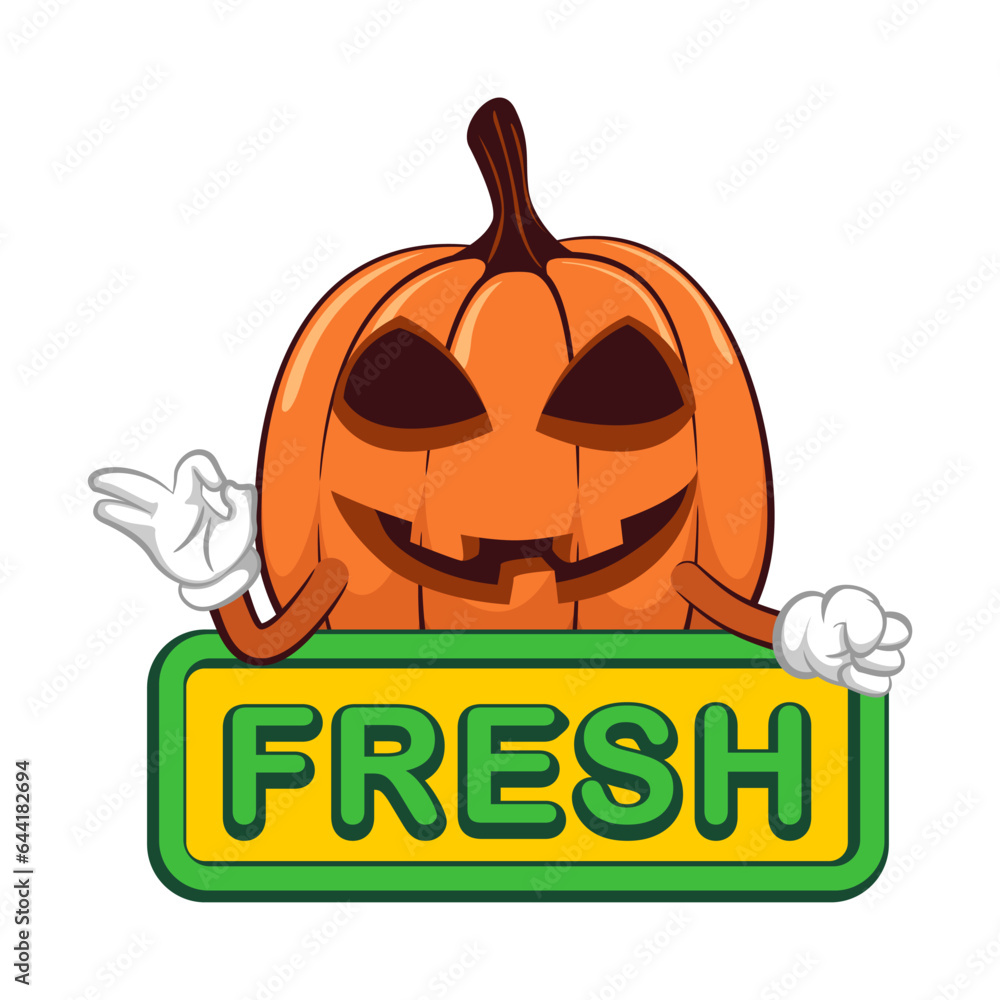 Naklejka premium Vector mascot, cartoon and illustration of a halloween pumpkin giving an okay sign on a board that says fresh