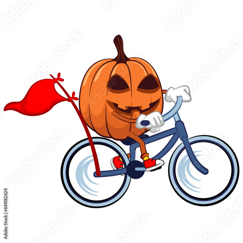 Vector mascot, cartoon and illustration of a halloween pumpkin enjoying a bicycle with a red flag behind the bicycle