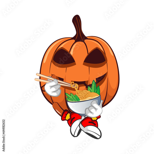 Vector mascot, cartoon and illustration of a halloween pumpkin while eating a bowl of noodles with chopsticks