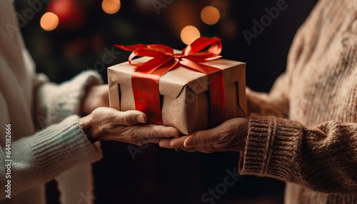 Kind woman giving gifts to the less fortunate, Christmas charity, holiday generosity photo