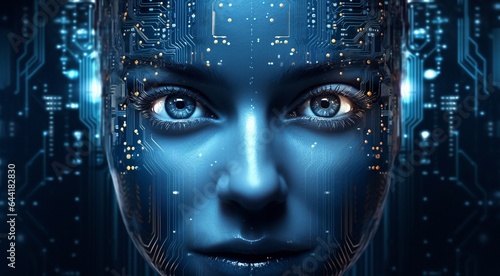 abstract AI face on technology background, AI humans face on background, technology AI face, bionic robot face