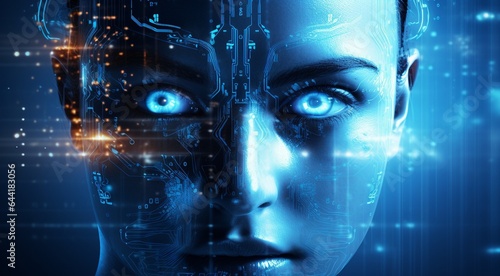 abstract AI face on technology background, AI humans face on background, technology AI face, bionic robot face