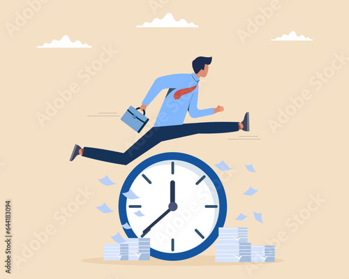 Stressed business employee running from office paperwork Workload Vector illustration.