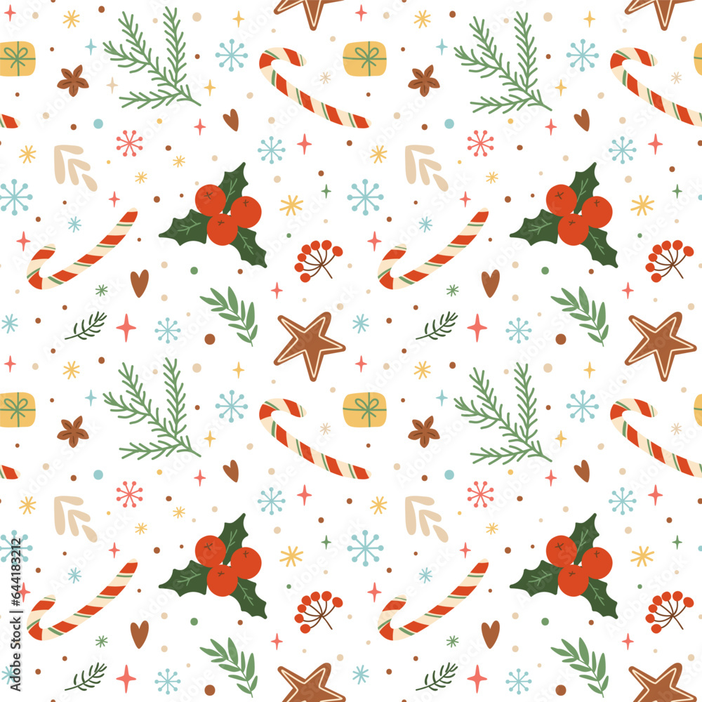 Christmas candy cane pattern, floral leaves, berries, snowflakes, stars, fir branches s on white background. Vector winter holiday repeat background. Cute xmas wallpaper, wrapping paper, fabric