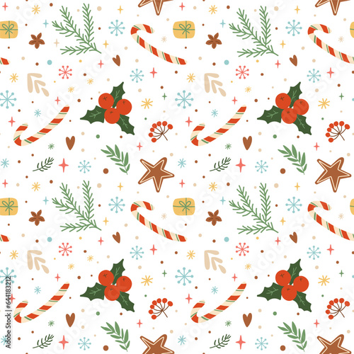 Christmas candy cane pattern, floral leaves, berries, snowflakes, stars, fir branches s on white background. Vector winter holiday repeat background. Cute xmas wallpaper, wrapping paper, fabric