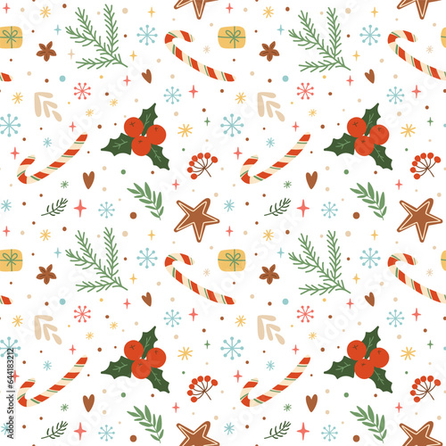 Obraz na płótnie Christmas candy cane pattern, floral leaves, berries, snowflakes, stars, fir branches s on white background. Vector winter holiday repeat background. Cute xmas wallpaper, wrapping paper, fabric w salonie