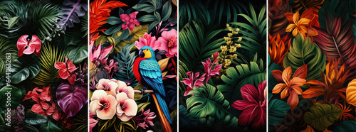 Bright collage with exotic birds and tropical leaves. Floral decoration. Abstract nature background © Lazy_Bear
