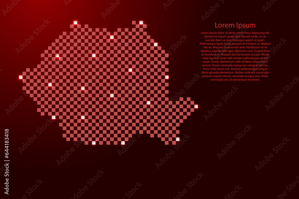 Romania map from futuristic red checkered square grid pattern and glowing stars for banner, poster, greeting card