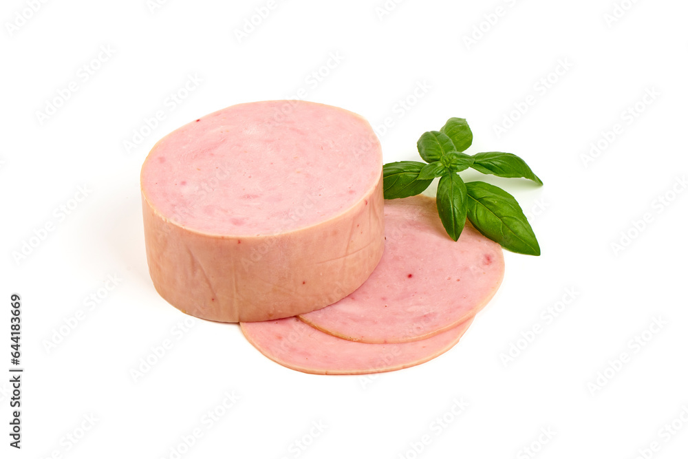Thinly Sliced Ham, boiled sausage, close-up, isolated on white background. Thinly Sliced Ham, boiled sausage, close-up, isolated on white background.