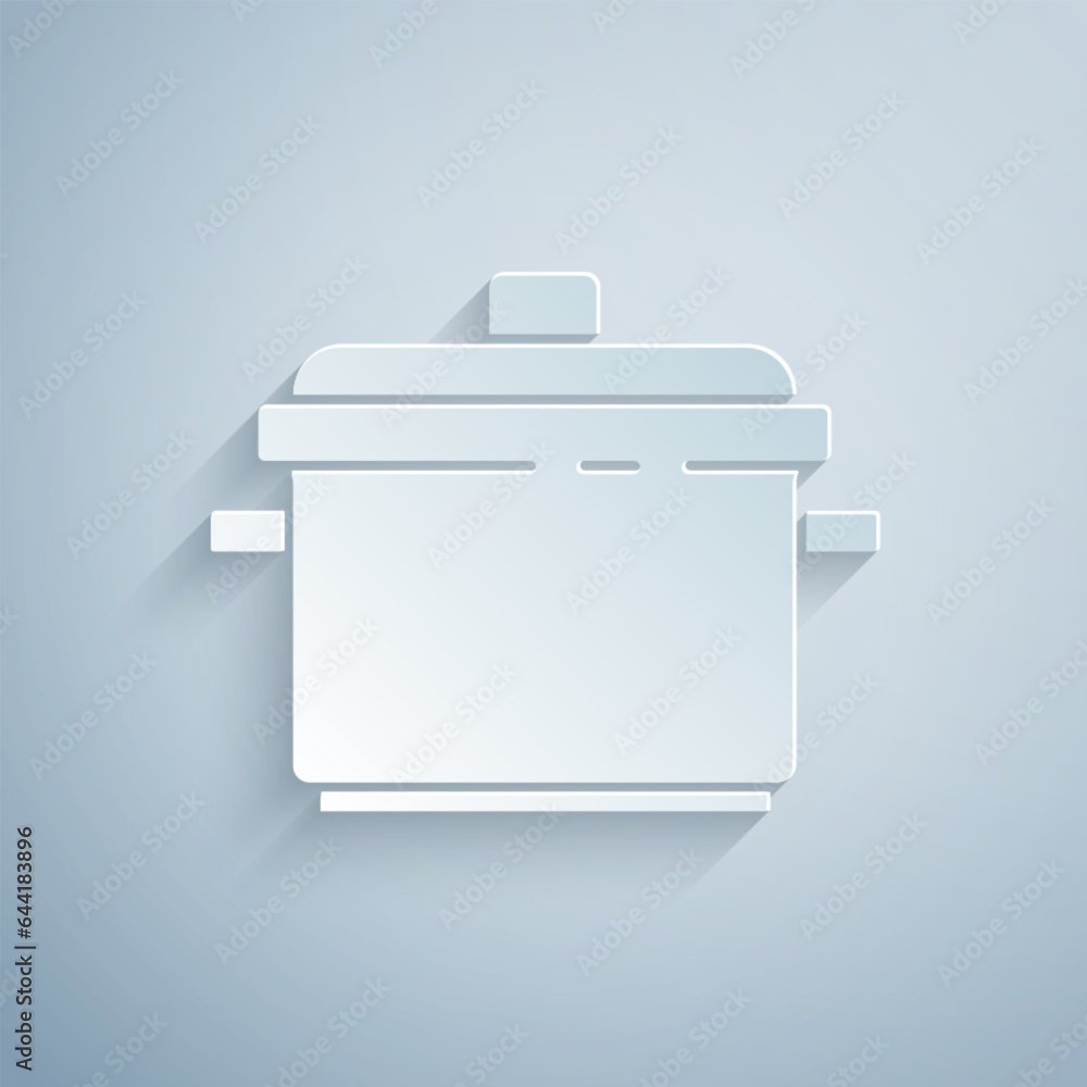 Paper cut Cooking pot icon isolated on grey background. Boil or stew food symbol. Paper art style. Vector Paper cut Cooking pot icon isolated on grey background. Boil or stew food symbol. Paper art style. Vector