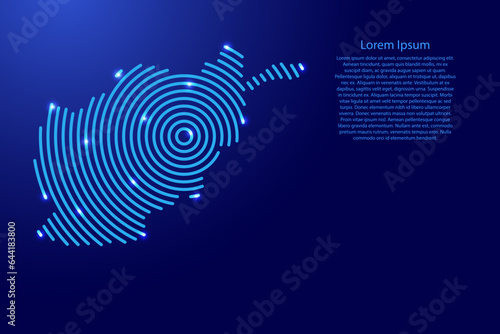 Afghanistan map from futuristic concentric blue circles and glowing stars for banner, poster, greeting card