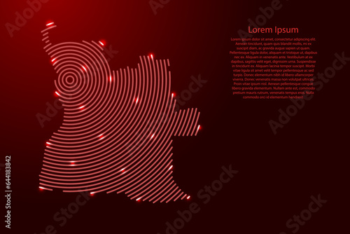 Angola map from futuristic concentric red circles and glowing stars for banner, poster, greeting card