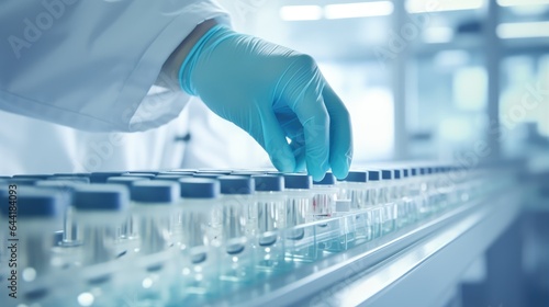 painstaking process of pharmaceutical manufacturing with a striking image of a gloved hand carefully inspecting medical vials on the assembly line of a modern pharmaceutical factory.