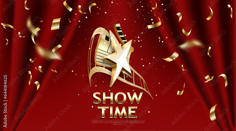Fototapeta premium Show time, Cinema and Theatre hall with seats red velvet curtains. Shining light bulbs vintage and luxury festival flyer templates, golden realistic vector, music glowing vintage poster design