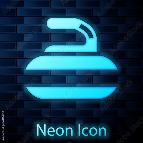 Glowing neon Stone for curling sport game icon isolated on brick wall background. Sport equipment. Vector