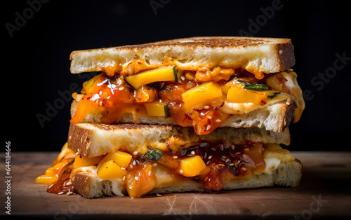 Extraordinary culinary creation that combines the tropical sweetness of the mango with a spicy touch of kimchi between slices of bread. Mango and kimchi sandwich.