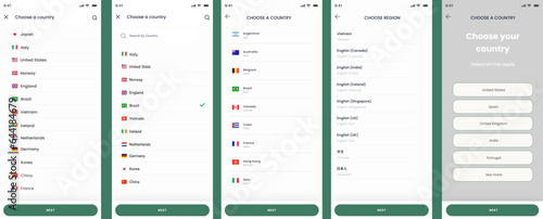 Choose Country, State, Nation, Province, Language and Region Screens App UI Kit Template