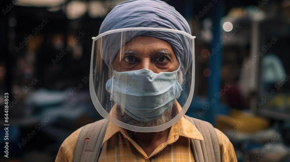 Man from India Wearing Face Mask and Face Shield during COVID-19 Pandemic Generative AI
