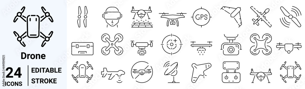 set of 24 line web icons Drone, Quadrocopter. Fast delivery, remote control, propeller, city map navigation, radar screen, radio antenna. Collection of Outline Icons. Vector illustration. set of 24 line web icons Drone, Quadrocopter. Fast delivery, remote control, propeller, city map navigation, radar screen, radio antenna. Collection of Outline Icons. Vector illustration.