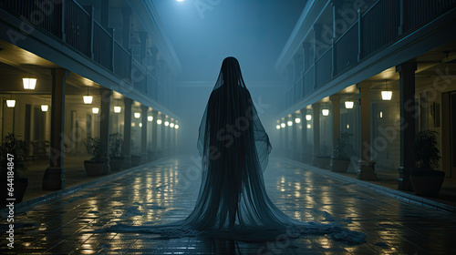 Mysterious woman with white veil walking in the hotel corridor with a terrifying atmosphere. Halloween concept.