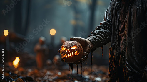 Zombie hand holding a devil pumpkin in abandoned city. Halloween and scary concept. © PIC SNIPE