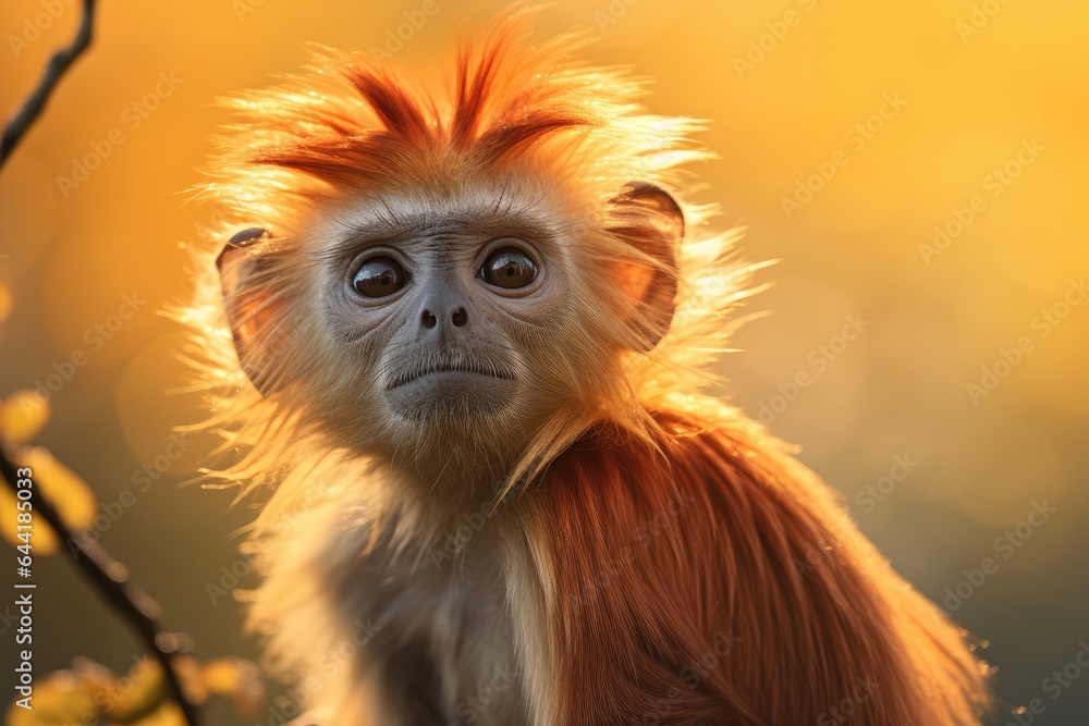 Golden Langur - Soft Light - Blurred Bokeh Background - Rare Animal Wildlife - AI Generated Golden Langur - Soft Light - Blurred Bokeh Background - Rare Animal Wildlife - AI Generated