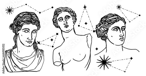 Ilustración de estatuas griegas, ilustración ecléctica, moderna y contemporánea. Recurso grafico para banner,  diseño de camiseta, carteleria