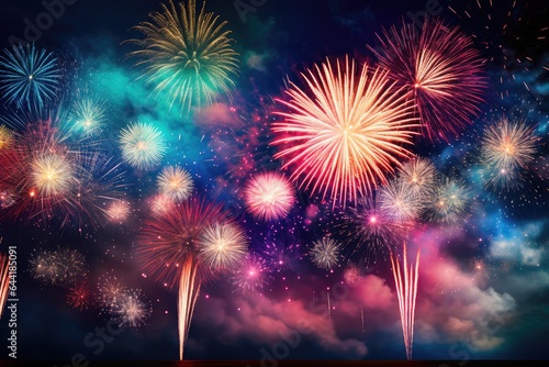 Bursting fireworks in an array of colors, for celebratory overlay  - AI Generated