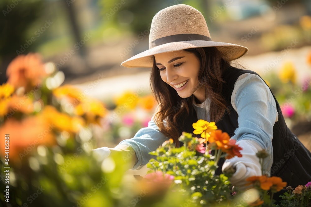 Cheerful woman gardener taking care of a flowers in her garden. Generative AI