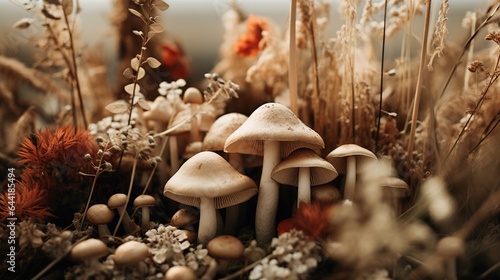 Generative AI, Fresh different mushrooms, autumn harvest, aesthetic muted neutral colors