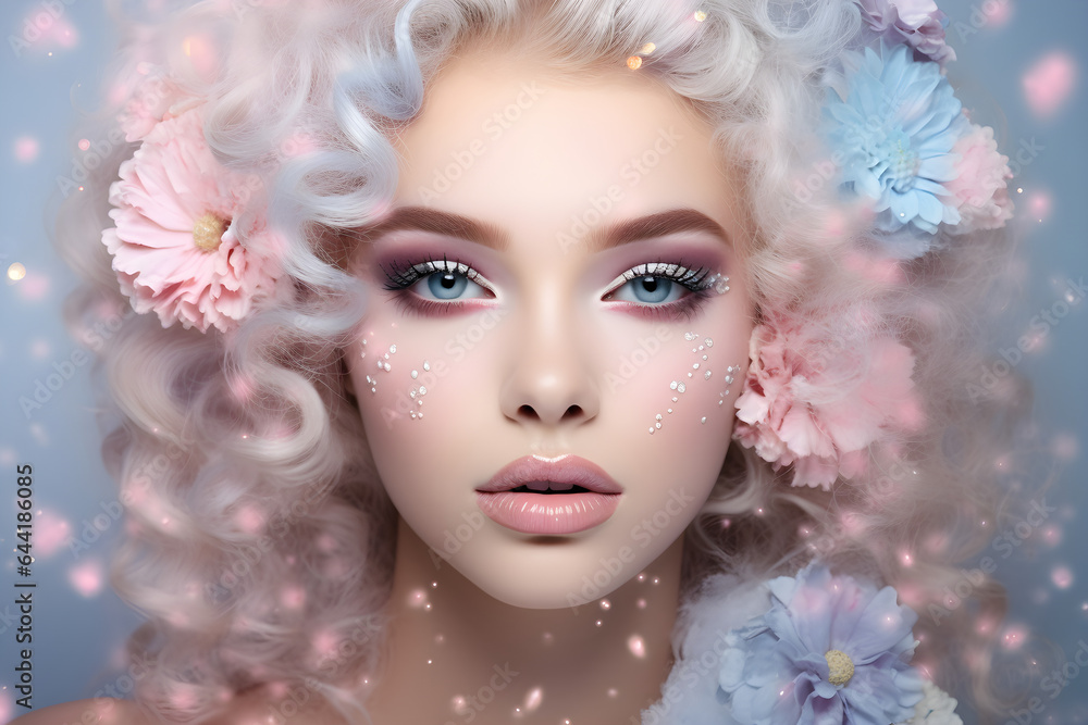 Woman portrait with flowers fantasy style in pastel pink colors. Concept of environmental friendliness and naturalness of cosmetic products.