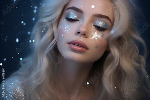 Perfect ideal pure silky face cosmetology concept, sparkles effect, star effect, Woman portrait, fantasy style in blue pink colors, silver, Concept of environmental friendliness and naturalness 