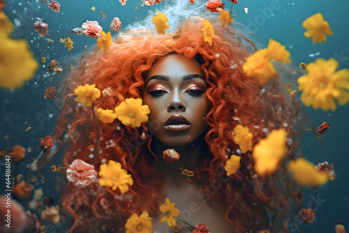 A black girl with ambient fantasy, perfect ideal pure silky face cosmetology concept, yellow, flowers 