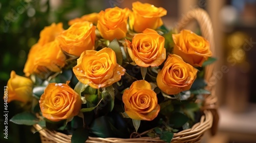 Bouquet of orange roses in a wicker basket on a blurred background. Mother s day concept with a space for a text. Valentine day concept with a copy space.