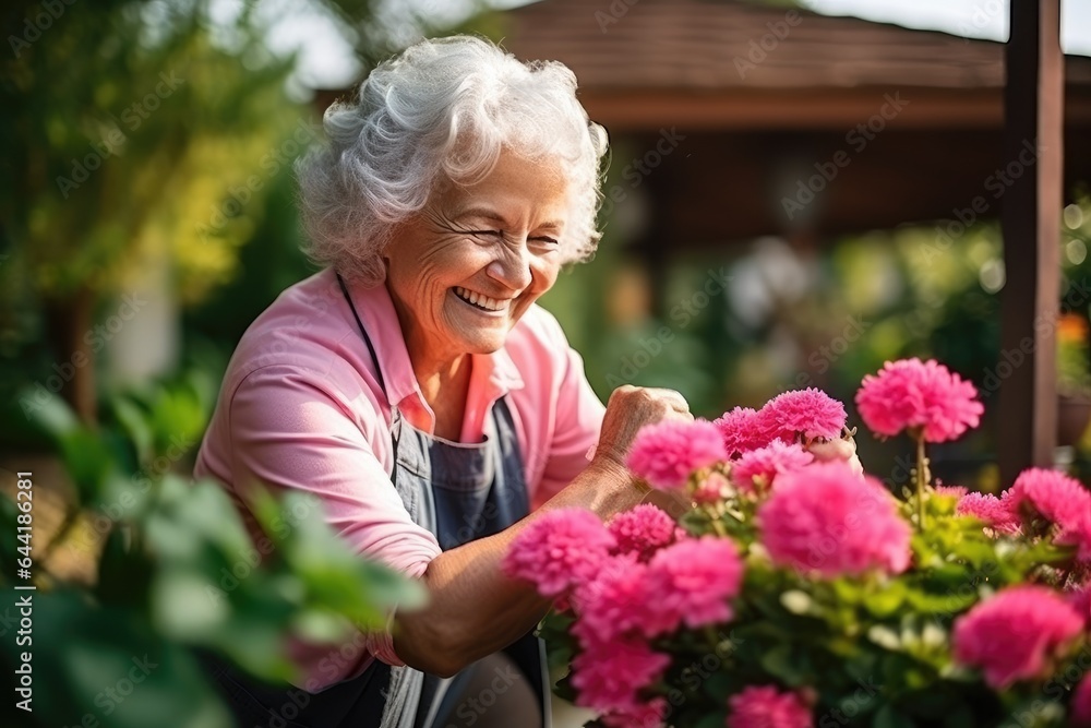 Cheerful woman gardener taking care of a flowers in her garden. Generative AI Cheerful woman gardener taking care of a flowers in her garden. Generative AI