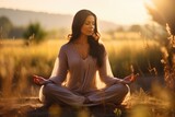 Beautiful woman do meditation sitting in the middle of nature outdoor. Generative AI