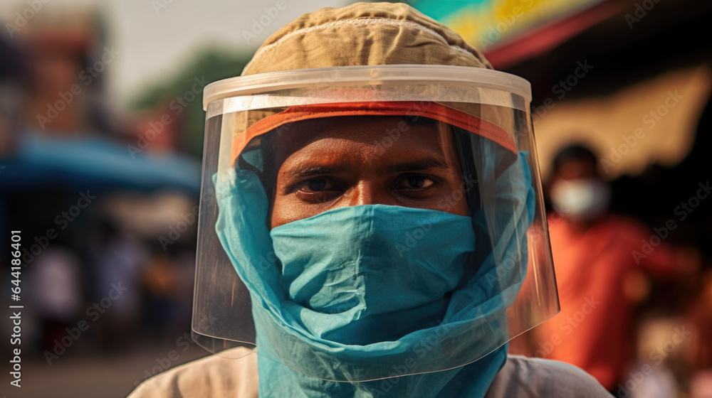 Man from India Wearing Face Mask and Face Shield during COVID-19 Pandemic Generative AI Man from India Wearing Face Mask and Face Shield during COVID-19 Pandemic Generative AI
